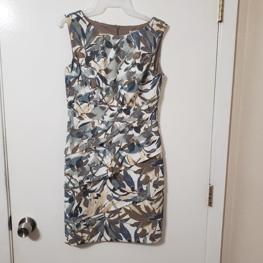 Gray, Tan, Brown, Blues Botanical Print Sheath Dress by Dress Barn Size 4